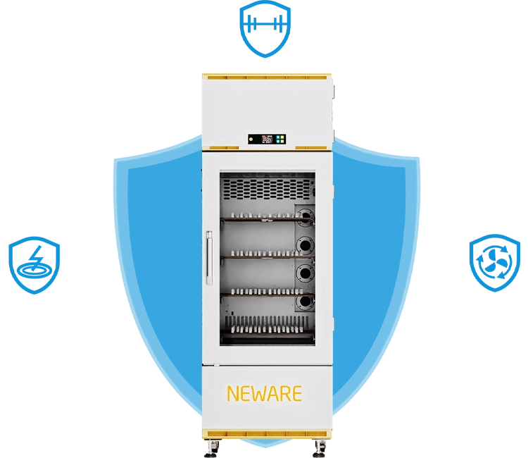 NEWARE-WIHW-200-160CH-B battery tester has safety protection features such as power-down data protection, short circuit protection, and abnormal monitoring of circulating fan operation