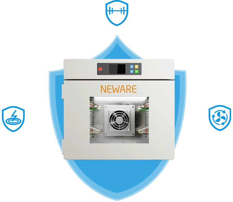 NEWARE-WHW-25-S-16CH Battery Tester features power-down data protection, short circuit protection, and abnormal monitoring of the circulating fan operation