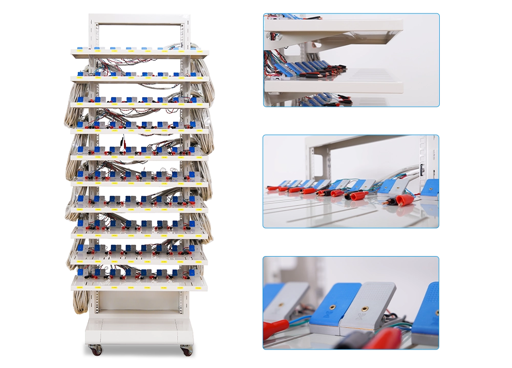 The battery clamp is mounted on an adjustable guide rail, compatible with both single-sided and double-sided probe testing. When used with alligator clips, it enables fast charging with three-prong testing