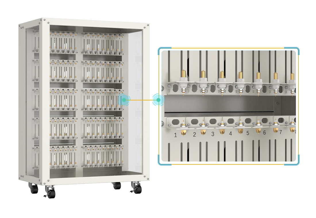 NEWARE cylindrical cell rack accommodates cylindrical cells with adjustable bottom probes that are secured with stainless steel screws. It can accommodate cylindrical cells ranging from 65mm to 80mm in length
