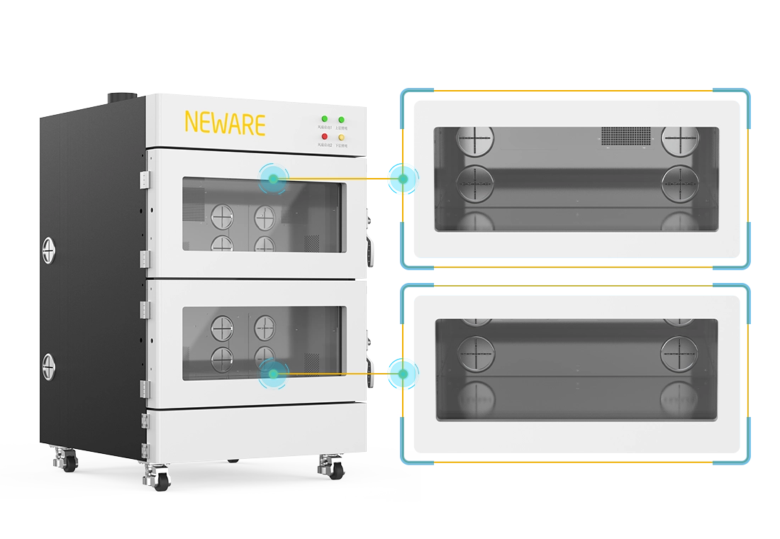 NEWARE-WFB-220-2K-Explosion Proof Chamber-battery tester-Each zone is equipped with three explosion-proof bars, two on the left side and one on the right side. The explosion-proof chamber is fitted with a explosion-proof transparent window to provide the protection for testing personnel if battery explosion happened
