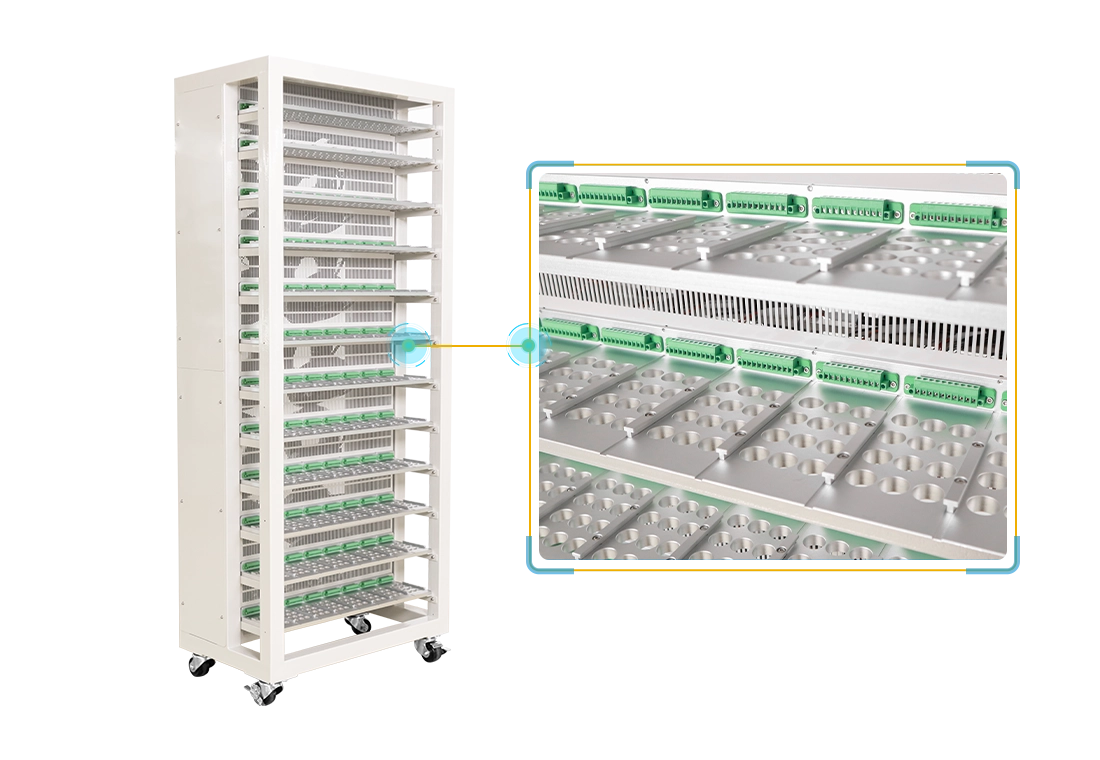 NEWARE pouch cell rack features 8 channels per layer with a 12-layer design, allowing a maximum simultaneous battery test of 96 pouch cells