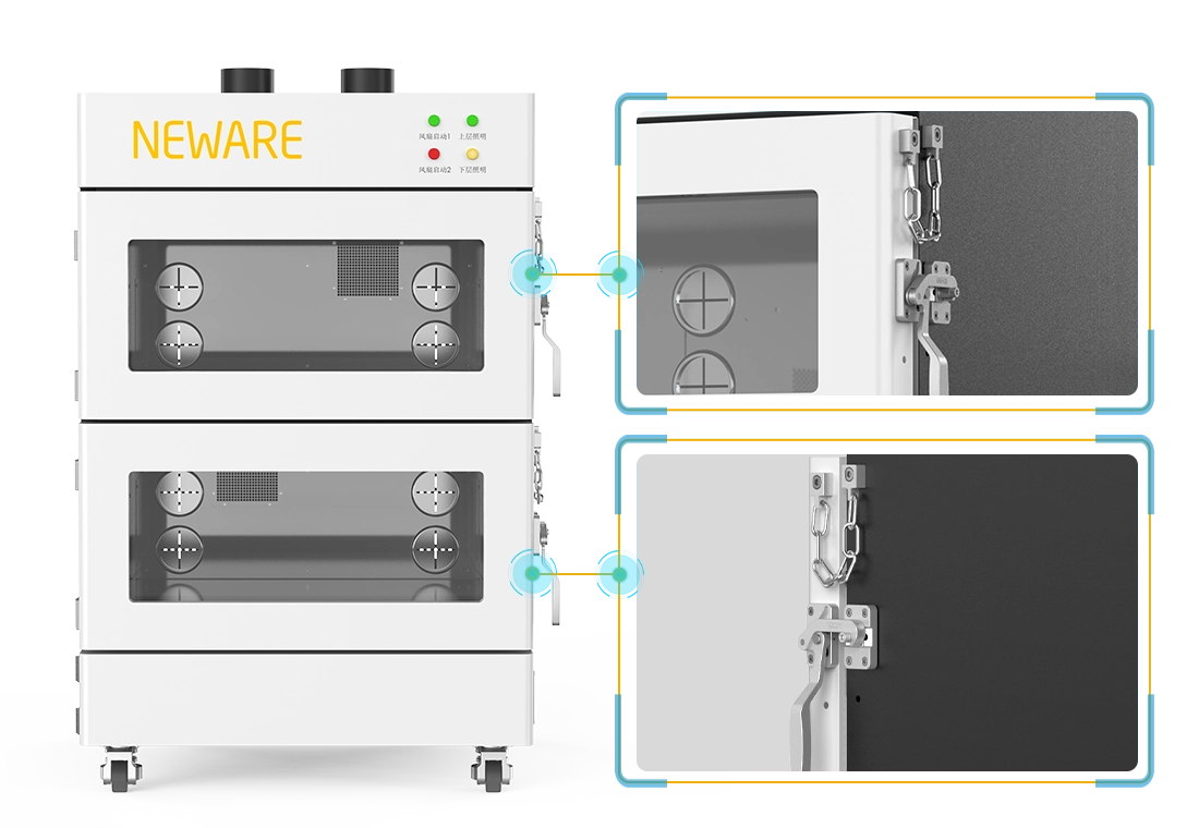 NEWARE-WFB-220-2K-Explosion Proof Chamber-battery tester-Each zone is equipped with three explosion-proof bars, two on the left side and one on the right side. The explosion-proof chamber is fitted with a explosion-proof transparent window to provide the protection for testing personnel if battery explosion happened