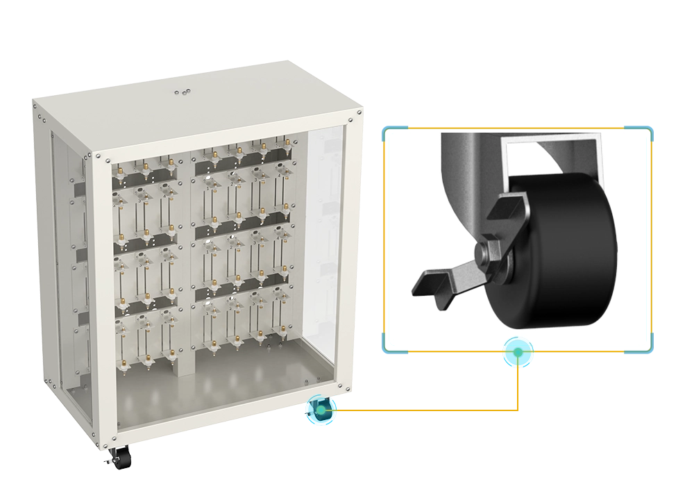 NEWARE cylindrical cell rack is compact in size and equipped with 360° rotating casters for easy mobility and fixation