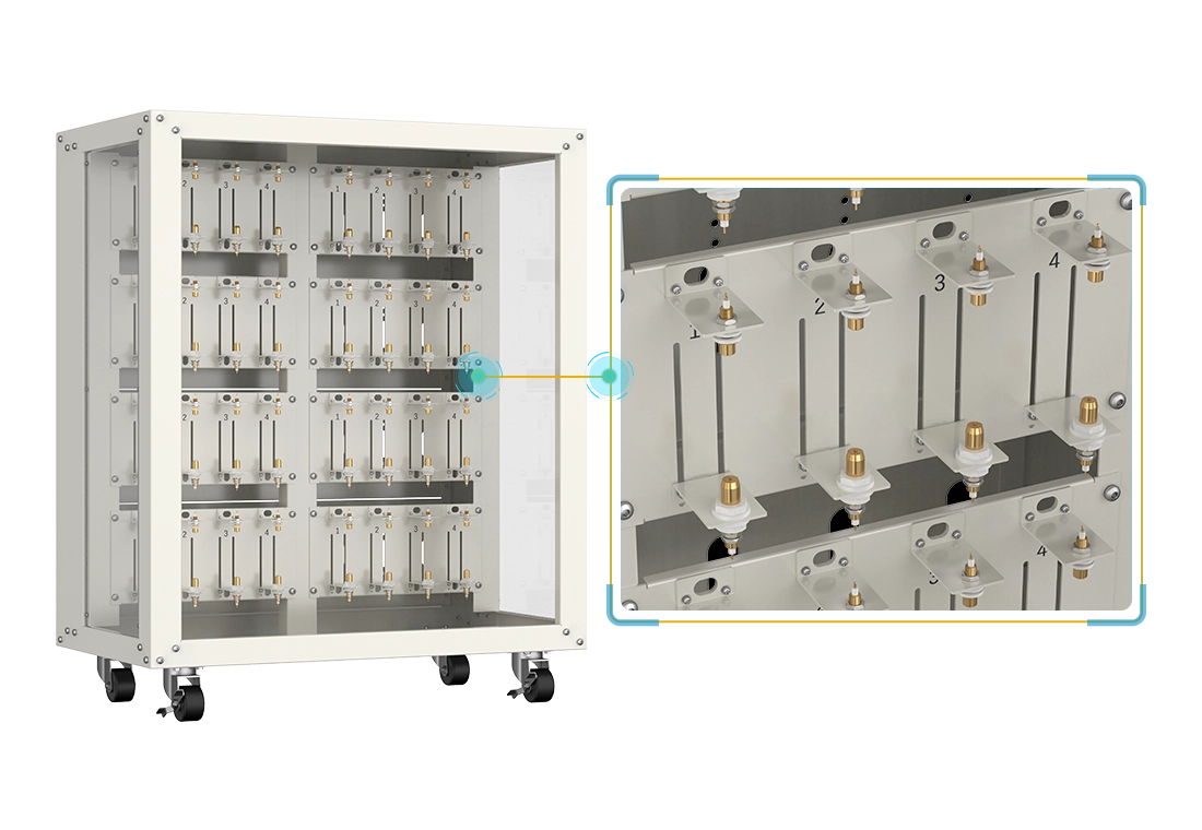 NEWARE cylindrical cell rack can accommodate cylindrical cells ranging from 65mm to 80mm in length. The bottom probes are adjustable and secured with stainless steel screws