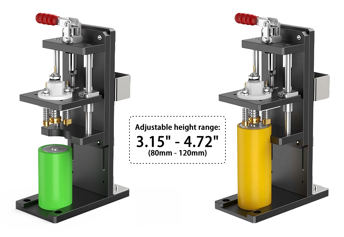 The clamps are designed for easy operation, with adjustable height for the upper probe to accommodate various sizes of cylindrical battery cells.  They also offer a wide current range, covering from 60A to 100A, ensuring compatibility with a broad range of testing requirements. adjustable height range：80mm-120mm