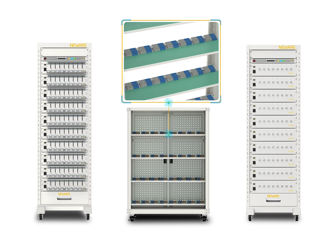 NEWARE pouch cell rack, Each channel supports a 100A current, with a 4-layer panel featuring 8 testing channels per layer