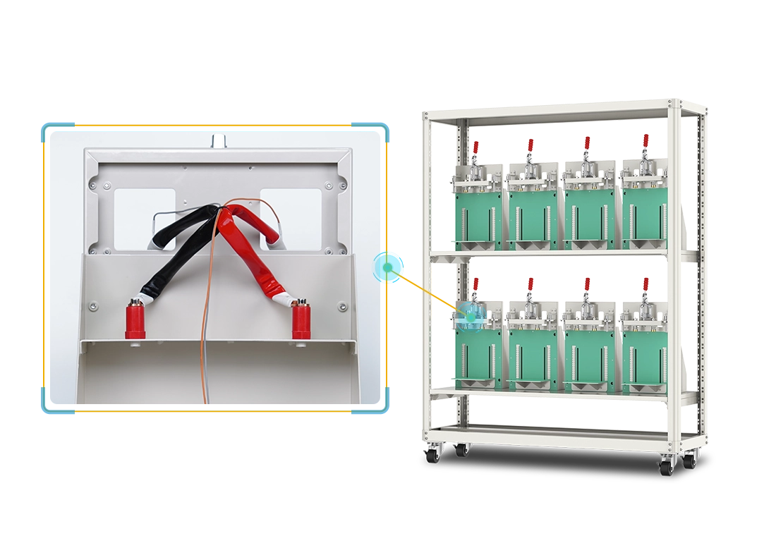 NEWARE-prismatic cell rack, crafted with black and red dual-color fiberglass silicone sleeves, ensures convenient operation and maintenance for battery testing, with a maximum temperature resistance of 200°C