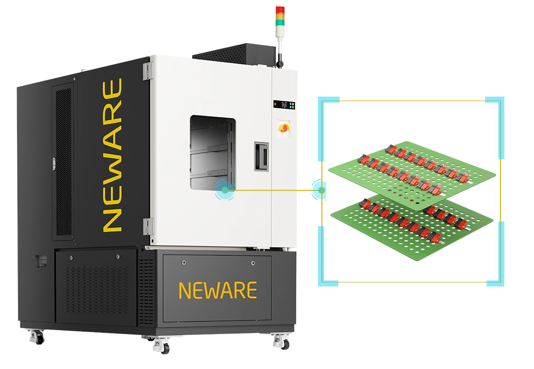 Dual-function integrated constant temperature test chamber, with a large capacity of 500 liters, equipped with 80 testing channels, capable of simultaneously handling multiple input and output signals. It can accommodate 5 layers of pouch cells or cylindrical cells, with each layer capable of accommodating 16 pieces (battery I≤6A)